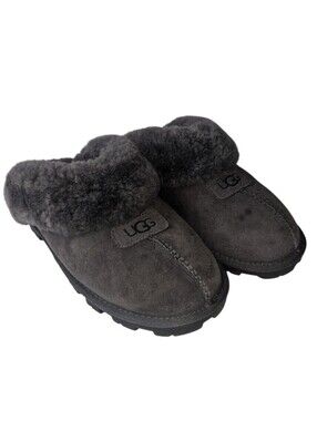 UGG Coquette Suede Sheepskin Charcoal Gray Slipper Womens Size 9